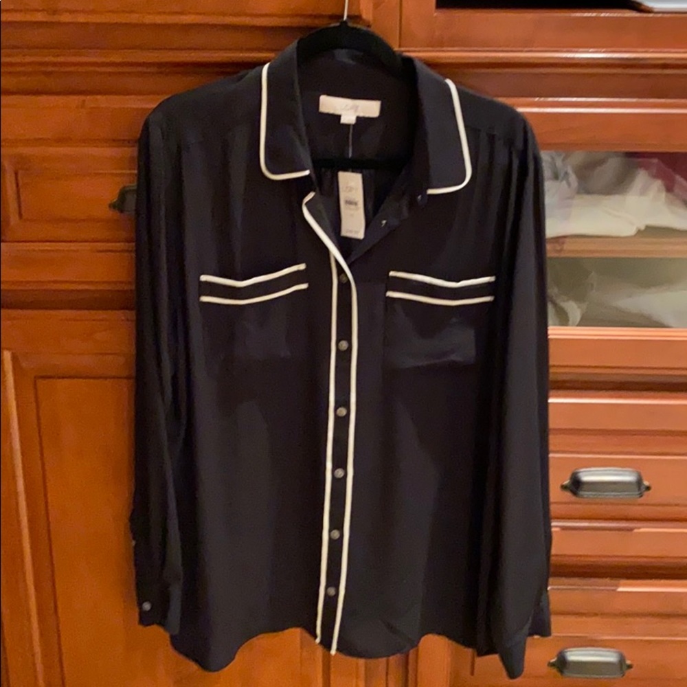 Ann Taylor Loft black blouse with white trim